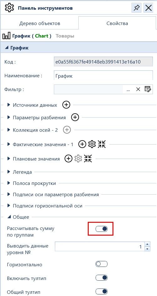 Интерфейс настройки Панели мониторов. Свойства виджета График. Флаг Рассчитывать сумму по группам